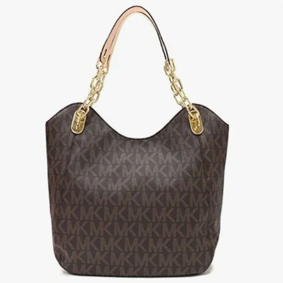 EUC Michael Kors Lilly Brown Signature Monogram Chain Tote Bag - Picture 4 of 11